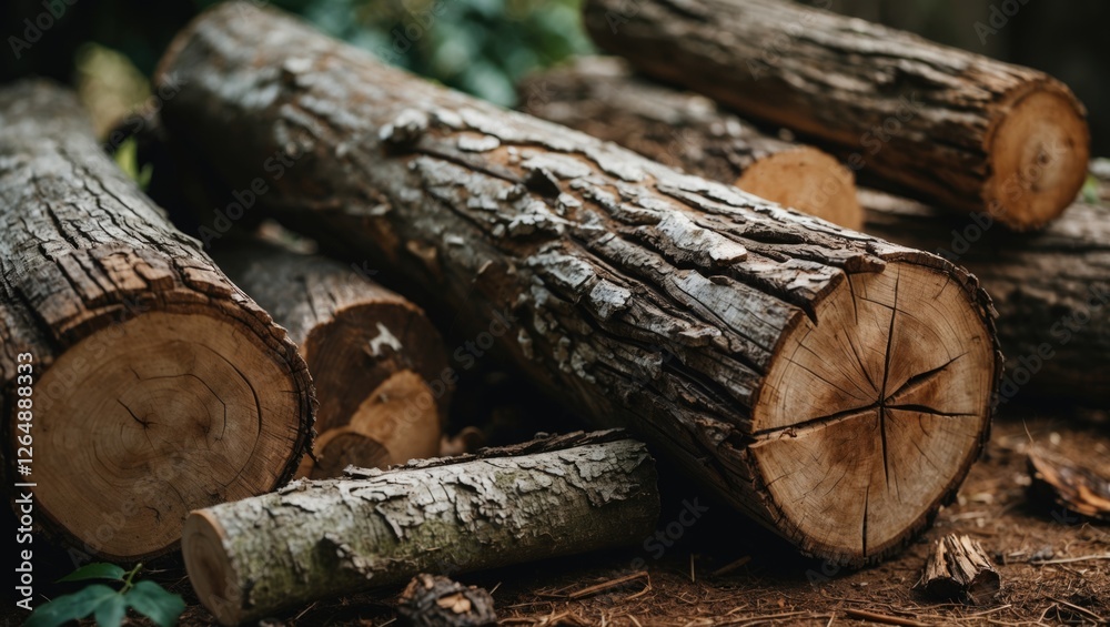 Poster stacked logs in a forest setting showcasing wood texture and natural surroundings with focus on cut 