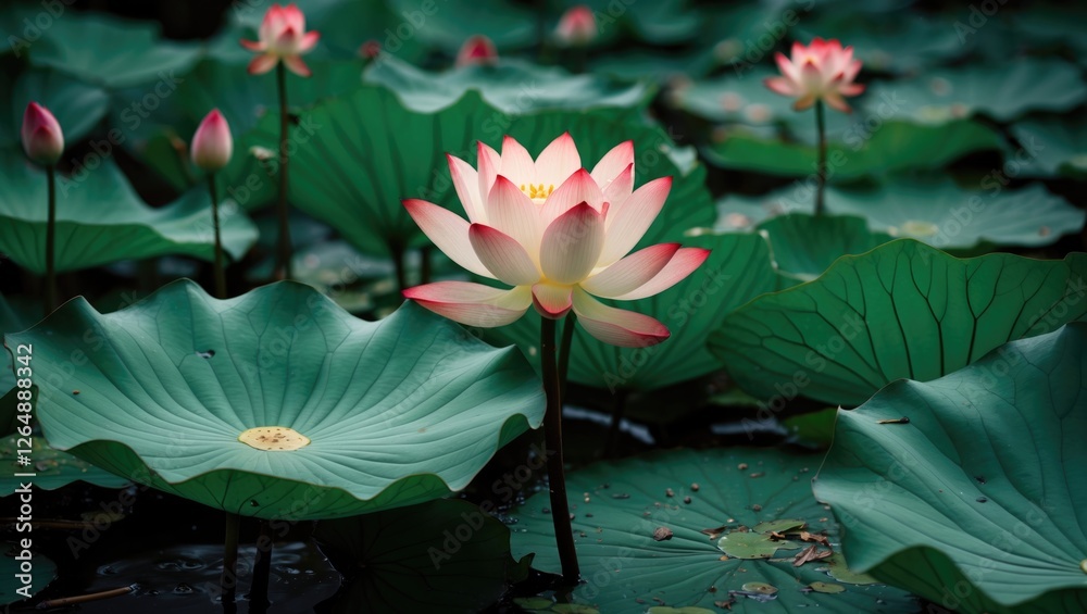 Poster lotus flower in bloom surrounded by green lily pads in tranquil water setting with soft natural ligh