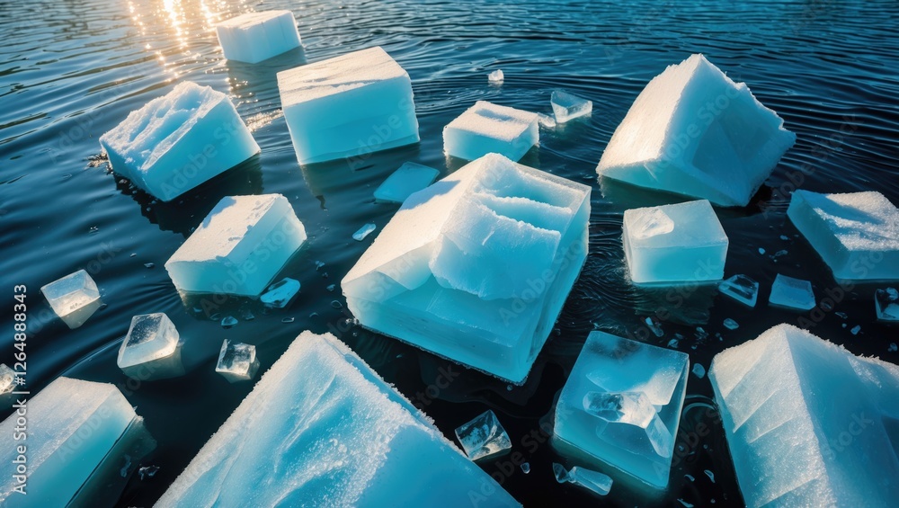 Poster Icebergs and Ice Blocks Floating in Calm Water with Sunlight Reflection and Clear Blue Color Tone