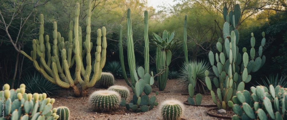Poster diverse arrangement of cacti in a desert garden setting with various species and textures surrounded