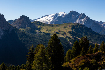 Summer view of Marmolada, Dolomites, Trentino, Veneto Italy.