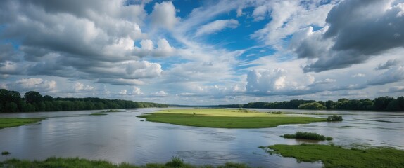Lush green island in a wide river under a bright blue sky with dramatic clouds reflecting on the water surface Copy Space