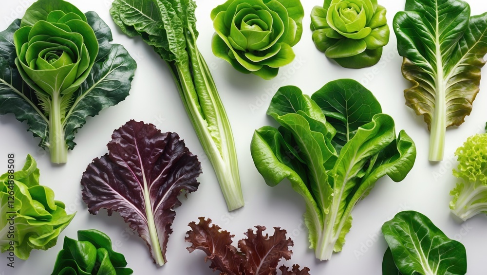 Poster assorted fresh lettuce varieties on a white background with vibrant green and purple leaves arranged