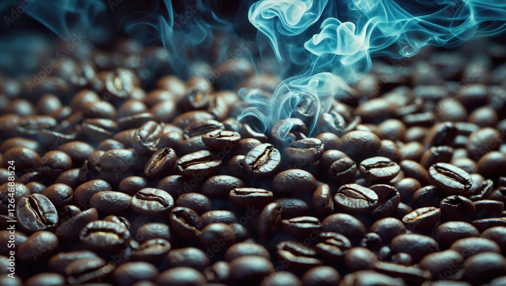 Poster Coffee beans with steam rising in the air close up shot against a dark background with ample Copy Space for text placement