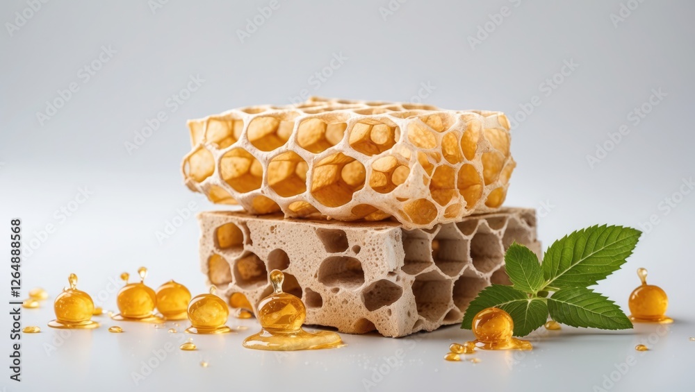 Poster honeycomb with liquid honey and mint leaves on a light background with copy space