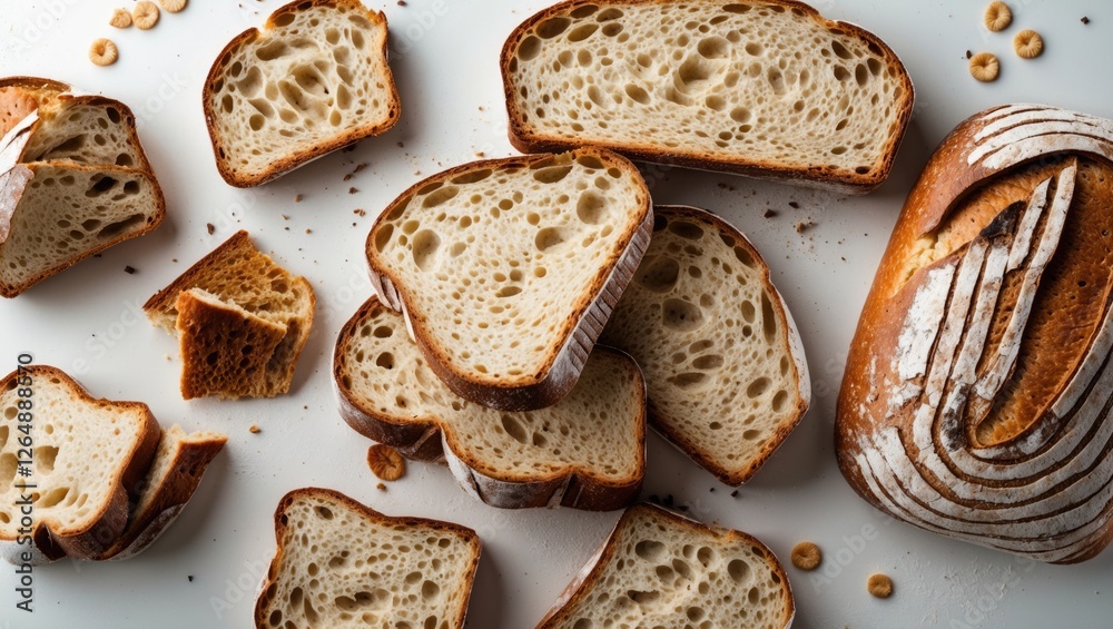 Poster sliced artisan bread on a white surface with scattered crumbs and small cereal pieces, top view comp