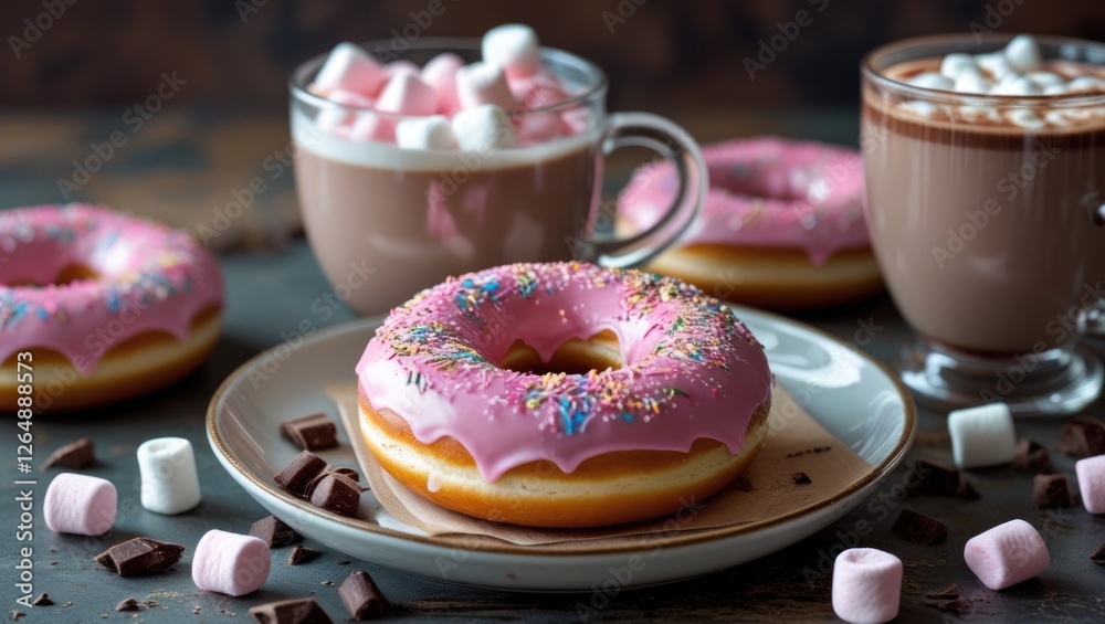 Poster delicious pink frosted donuts with colorful sprinkles served with hot chocolate and marshmallows on 