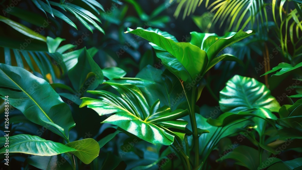 Poster tropical green leaves with varying textures and shapes in a lush indoor setting ideal for nature bac