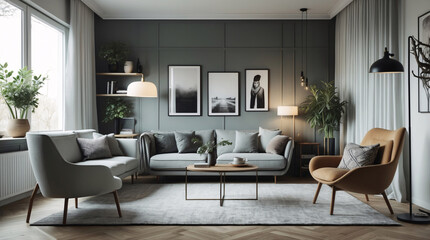 Elegant minimalist living room design with neutral gray couch Scandinavian decor and natural light creating a serene ambiance Modern Interior Design Inspiration