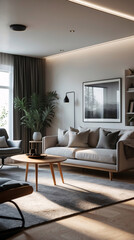 Fototapeta premium Elegant minimalist Scandinavian living room featuring neutral gray couch and bright design perfect for creating a welcoming space Modern Interior Design Inspiration