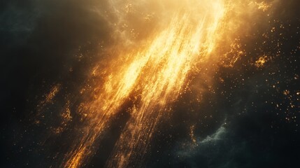 Fototapeta premium Diagonal golden light beams, dark atmospheric background, volumetric god rays, ethereal dust particles, dramatic light shaft effect, moody gradient shadows, cinematic lighting