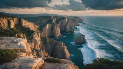 Naklejka premium Coastal cliffs with rugged rock formations overlooking waves and ocean against a dramatic cloudy sky during sunset Copy Space
