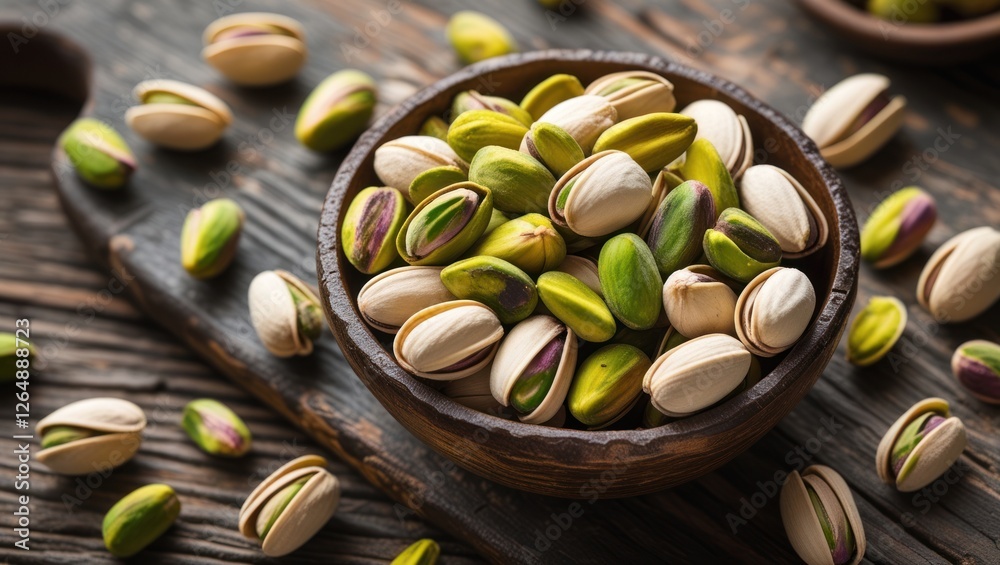 Poster assorted pistachios in a wooden bowl on a rustic table copy space