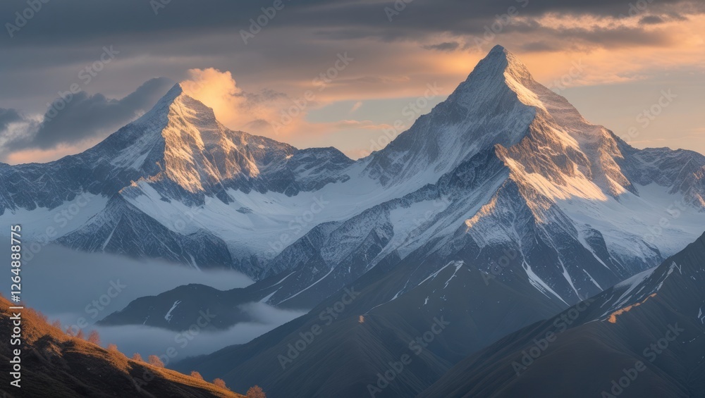 Poster majestic snow-capped mountain peaks under dramatic sky at sunset with clouds in the foreground and c