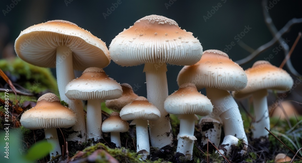 Poster group of edible mushrooms with light orange caps and white stems growing in a forest setting with so