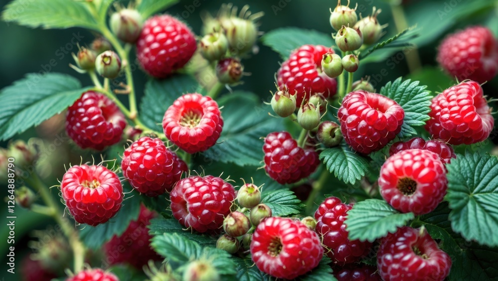 Aufkleber ripe fresh raspberries on green leaves in a natural setting with copy space for text