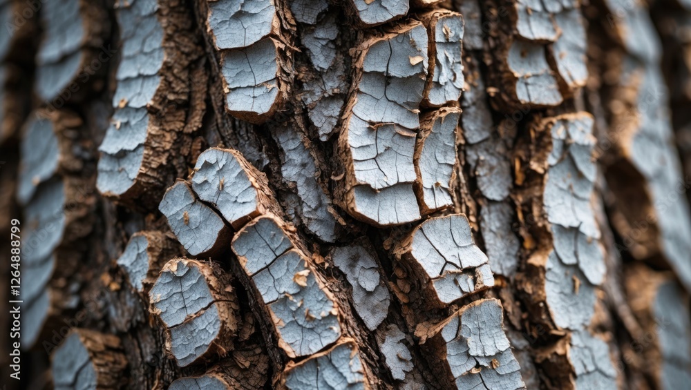 Poster detailed close-up of textured tree bark showing cracks and blue-gray tones suitable for nature and t