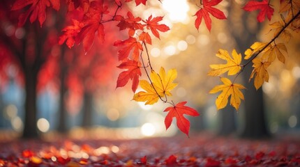 Colorful autumn leaves in vibrant orange and yellow tones hanging from trees with blurred background and soft sunlight Copy Space