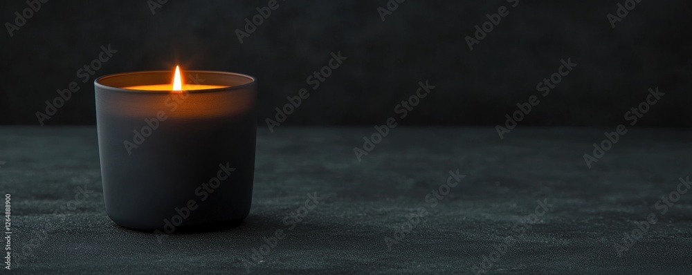 Poster elegant black candle glowing softly on a dark background, creating a serene and calming atmosphere f