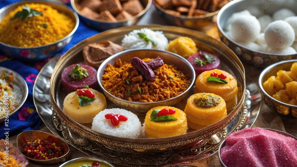 Poster traditional indian sweets and snacks arranged in decorative platter with colorful garnishes and vari