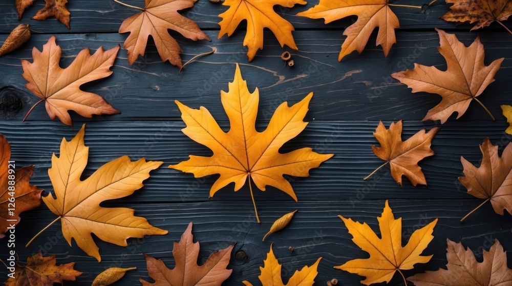 Poster autumn leaves composition on dark wooden surface with ample copy space for text placement