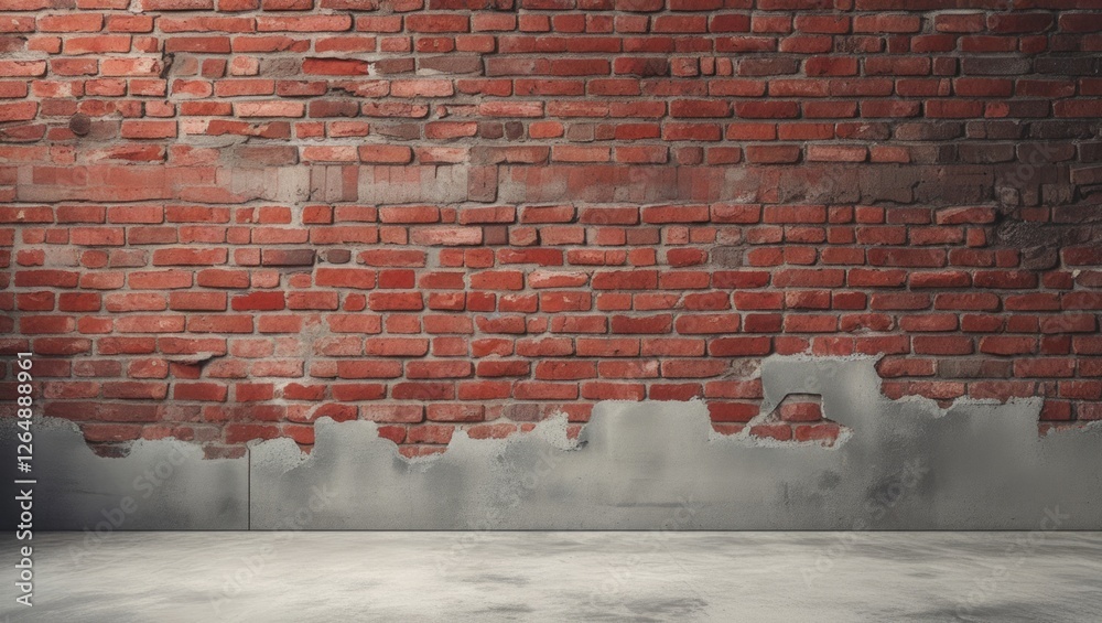 Aufkleber red brick wall with damaged plaster and concrete floor industrial style background with empty space 