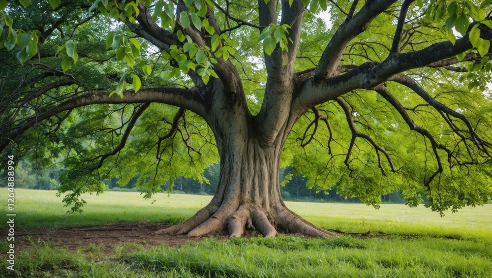 Aufkleber Large mature tree with wide canopy and extensive root system in grassy field during daylight with natural light Copy Space