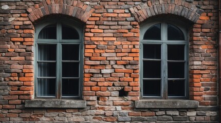 Obraz premium Old brick wall with two arched windows featuring wooden frames and gray accents, showcasing a rustic architectural style, Copy Space.