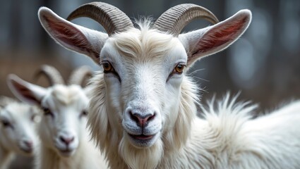 Obraz premium Close-up of a white goat with distinctive curved horns in a natural setting with blurred background and two more goats in the distance
