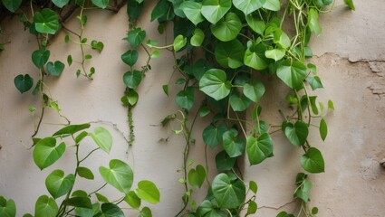 Green ivy leaves climbing on an aged wall with the texture of peeling paint and visible imperfections Copy Space