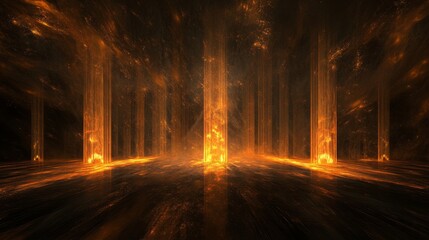 Mystical light shafts, golden sunbeams, dark atmospheric void, floating illuminated particles, diagonal light rays, dramatic contrast effect