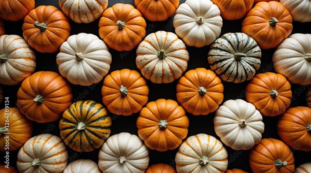 Poster Multicolored pumpkins arranged in a pattern showcasing various sizes and shapes on a dark background with Copy Space