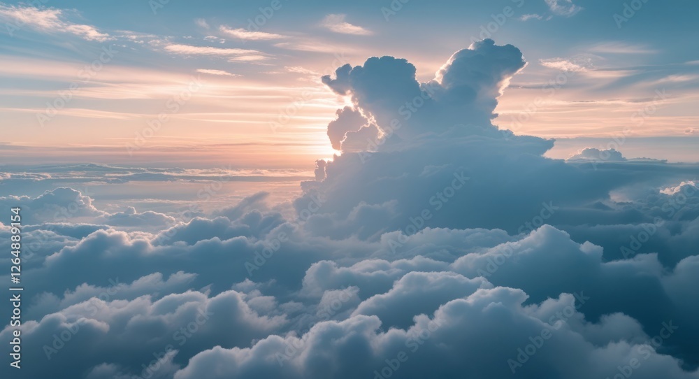 Aufkleber Sunset over fluffy clouds with dramatic formations and soft light creating an atmospheric scene ideal for background or serene compositions Copy Space