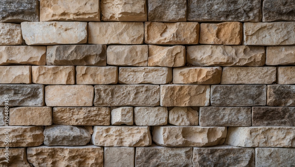 Poster textured natural stone wall with various shades of beige and brown arranged in a stacked pattern cop