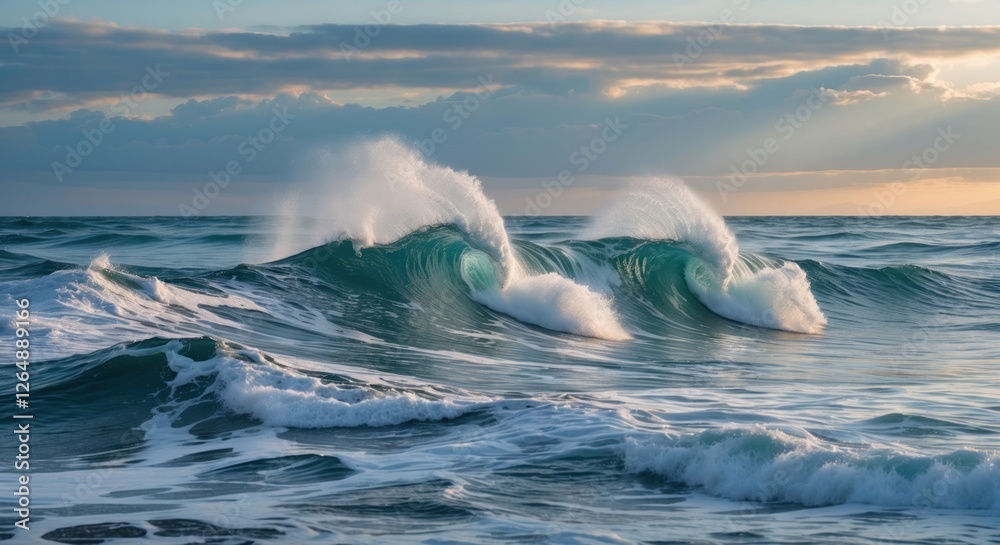 Poster Dynamic Ocean Waves at Sunset with Splashes and Reflections in Calm Water Copy Space
