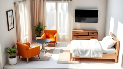 Obraz premium This modern living room boasts a luxurious interior design, featuring a cozy fireplace and stylish furniture