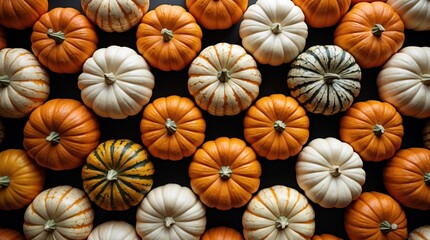Multicolored pumpkins arranged in a pattern showcasing various sizes and shapes on a dark background with Copy Space