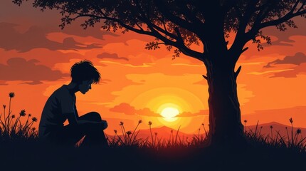 Digital Illustration of Person Relaxing Under a Tree at Sunset