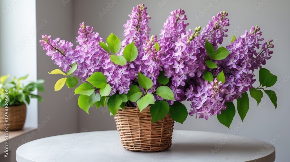 Poster lilac flowers in wicker basket with green leaves on round table with natural light from window copy 