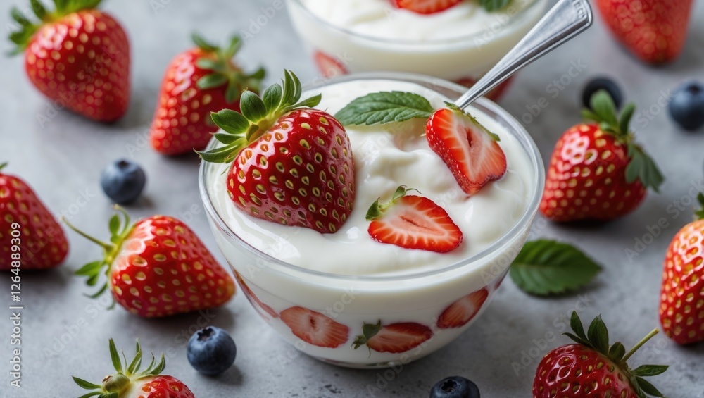 Poster bowl of yogurt topped with fresh strawberries and mint leaves surrounded by strawberries and blueber