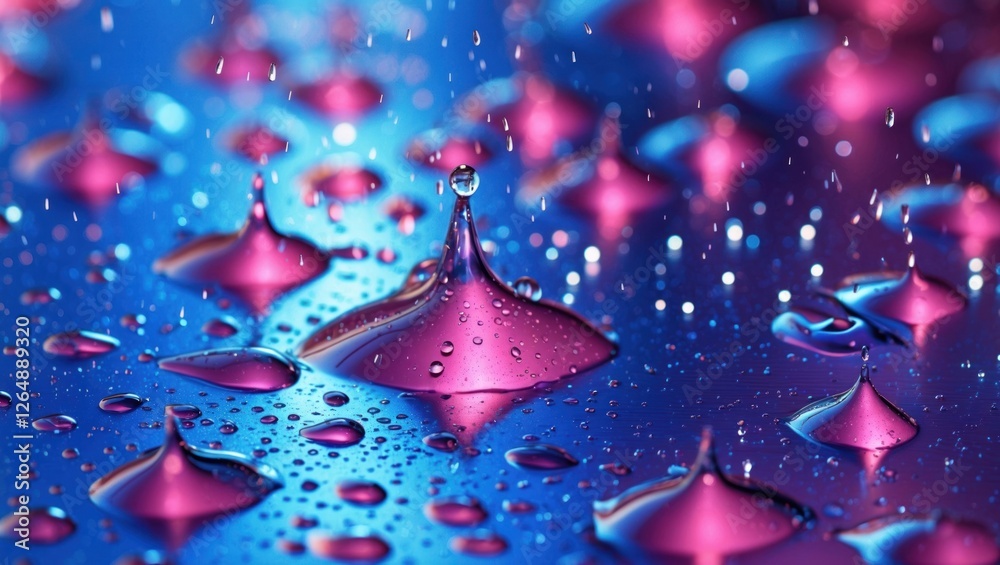 Poster colorful water droplets on a reflective surface with blue and pink tones creating a gradient backgro
