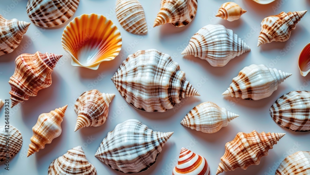 Poster Collection of various seashells in diverse shapes and colors arranged on a light background providing ample copy space for text placement
