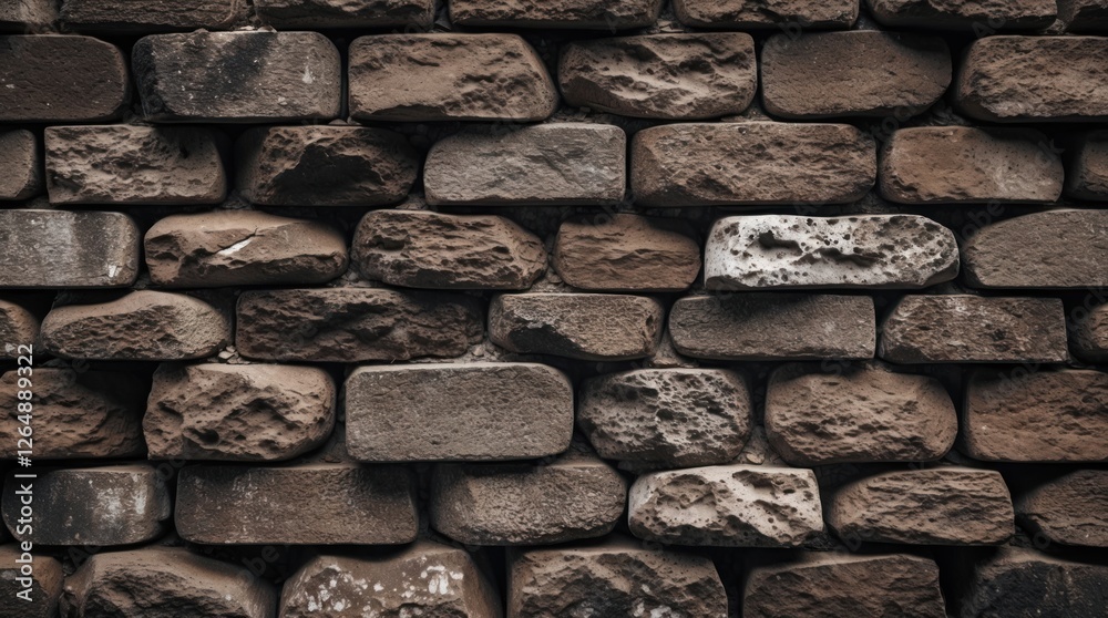 Poster Textured brown stone wall background with various sizes and shapes of stones arranged in a pattern ideal for use as a backdrop or texture design. Copy Space