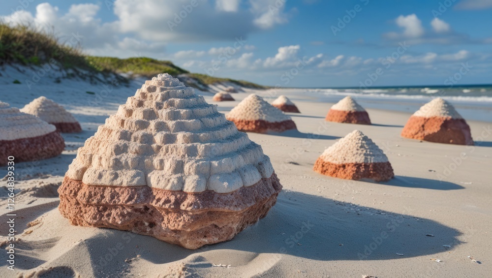 Poster sand sculptures resembling pyramids on a beach with clear blue sky and ocean in the background copy 
