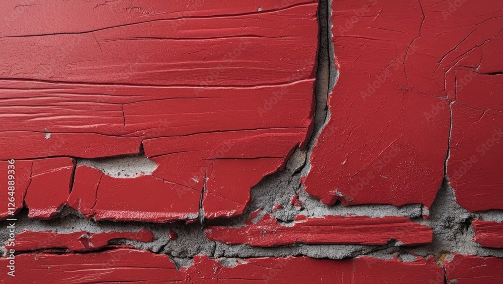 Poster Textured close-up of peeling red paint on a weathered wall showing cracks and exposed surface underneath Copy Space