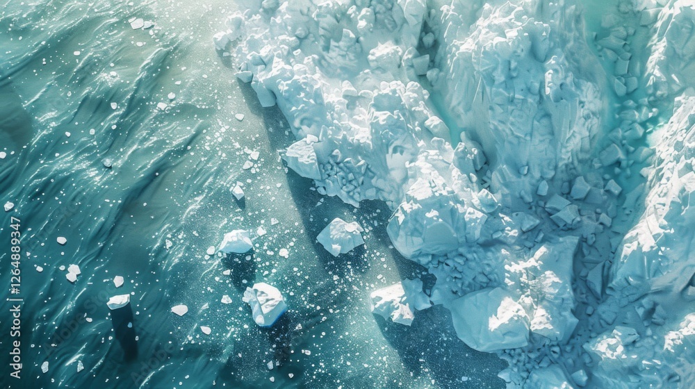 Poster sunlight reflects off glacial waters while icebergs and broken ice pieces dot the surface, creating 