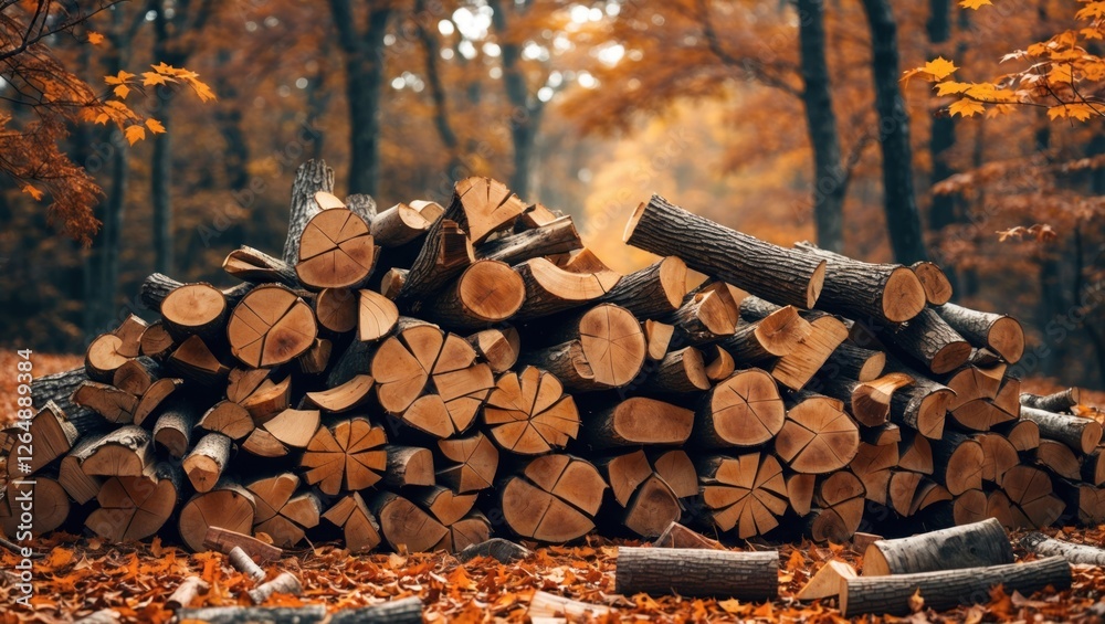 Poster stack of cut logs in a forest during autumn with orange leaves on the ground copy space