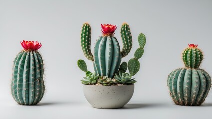 Cacti arrangement with vibrant flowers in modern pot on minimalistic background with ample copy space for text