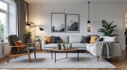 Fototapeta premium Elegant Scandinavian inspired living room with neutral gray couch featuring minimalist decor and functional furniture for comfort Modern Interior Design Inspiration