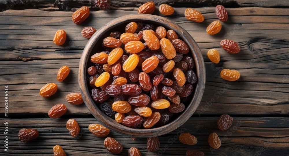 Aufkleber Bowl of mixed raisins on rustic wooden surface with scattered raisins around and ample copy space for text